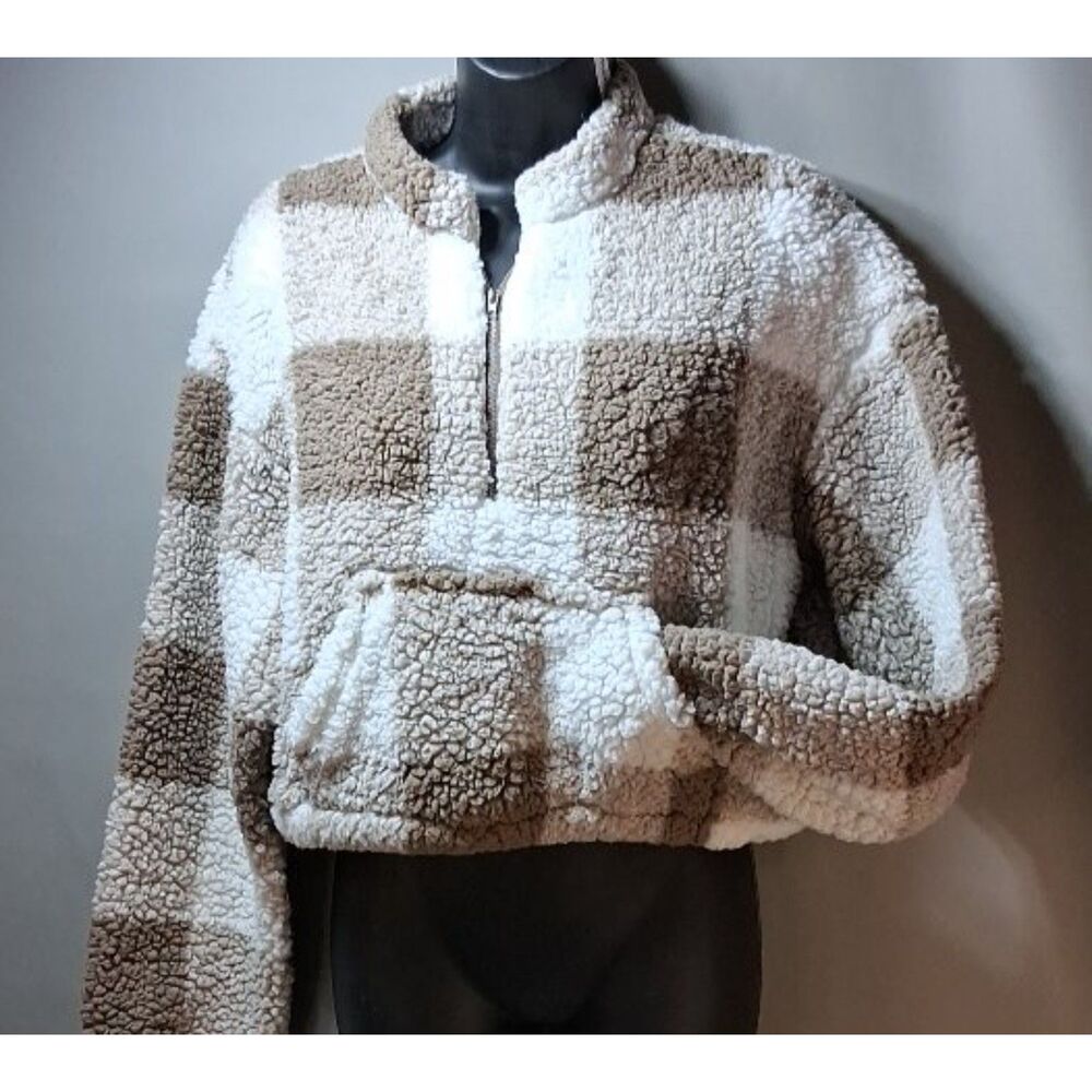 Plaid Crop Teddy Fleece Quarter Zip Pullover Brown Cream Sherpa Sweater Large